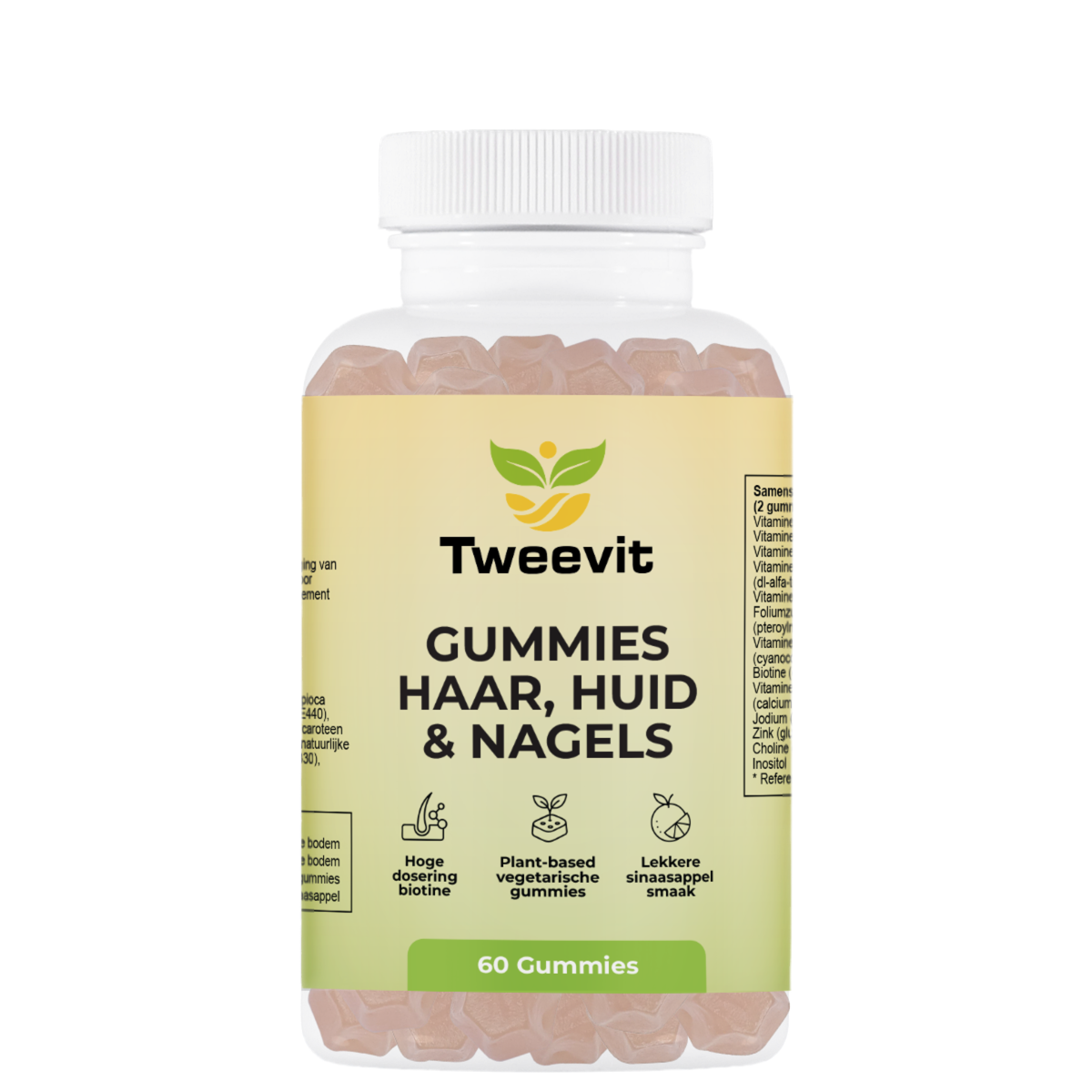 Tweevit Gummies Haar Huid & Nagels – 60 vegan gummies met biotine, vitamine A, C, D3, E en zink voor natuurlijke ondersteuning van huid, haar en nagels, sinaasappelsmaak